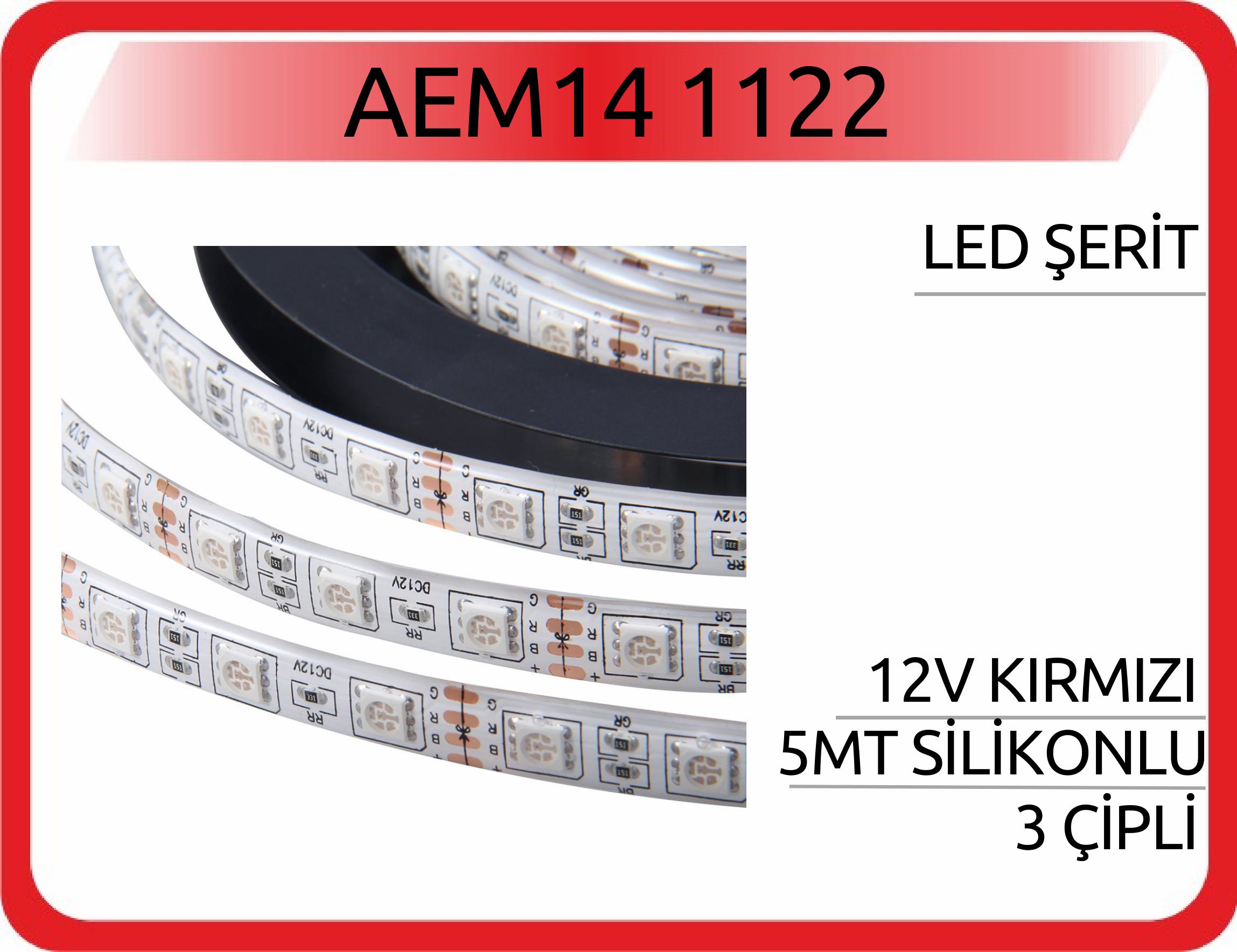 AEM14 1122 LED ŞERİT 12V KIRMIZI 5MT SİLİKONLU 3 ÇİPLİ